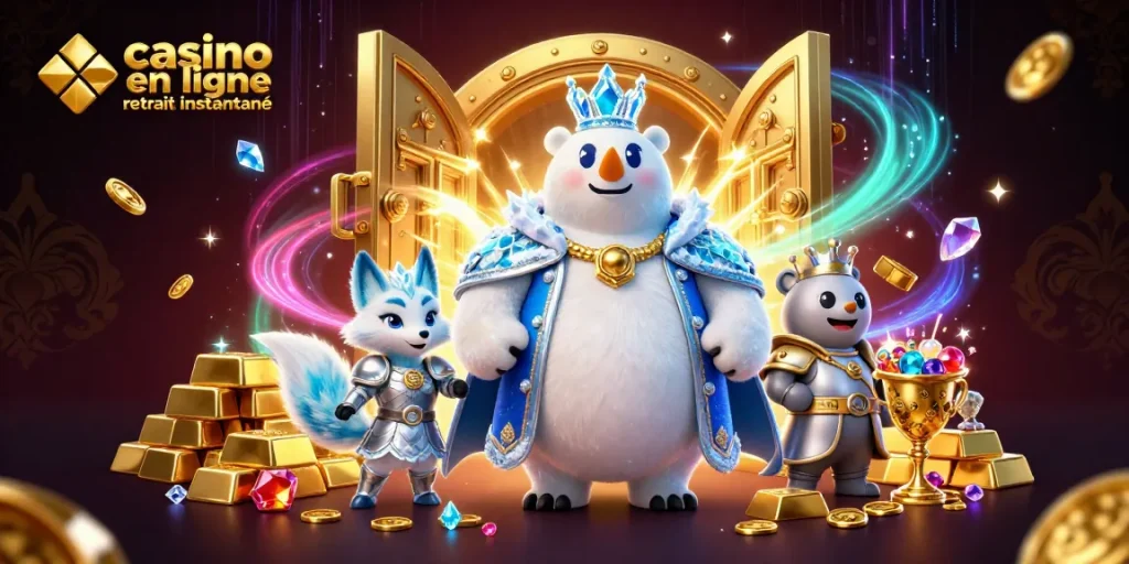 Casino en ligne retrait instantané illustré par un ours polaire royal et un renard, entourés de trésors
