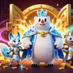 Casino en ligne retrait instantané illustré par un ours polaire royal et un renard, entourés de trésors