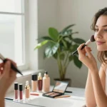 Woman using makeup blending brushes to achieve a flawless makeup look in a bright bathroom.
