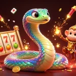 Illustration vibrante représentant le meilleur casino en ligne France avec des éléments de jackpot, serpent arc-en-ciel et roi singe en action.
