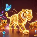Visualisez le site casino en ligne avec un tigre doré et des jeux de casino en arrière-plan.