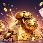 Spin the reels with bro138 link as a cartoon beetle rolls golden coins in an energetic casino scene.