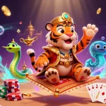 Experience thrilling poker online poker88 action with a vibrant 3D casino scene featuring a tiger sultan, magic lamp, and poker gaming elements.