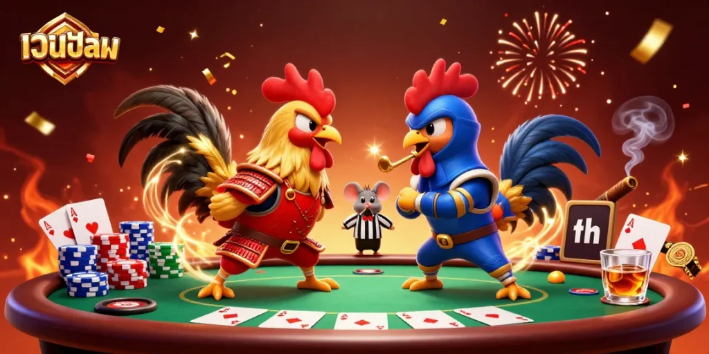 Engage in thrilling betting on เว็บบอล with dynamic cartoon roosters in a colorful casino setup.