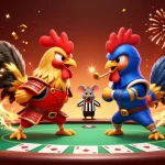 Engage in thrilling betting on เว็บบอล with dynamic cartoon roosters in a colorful casino setup.