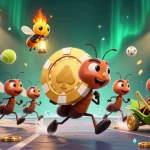 1gom showcases a dynamic heist with ants carrying a giant poker chip while sports elements enhance the gambling theme.
