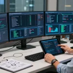 Expert recovering stolen cryptocurrency in a modern cybersecurity office with multiple screens.