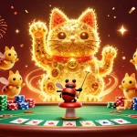 Giocare ai siti scommesse non AAMS con un gatto fortunato che saluta simboli del casinò.