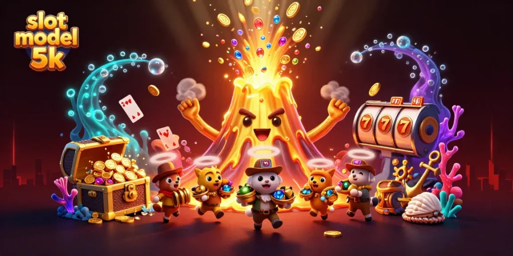 Spin the slot modal 5k for treasures with an erupting volcano and cartoon animals.