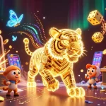 Engage in thrilling action with keonhacai as the golden tiger prowls through a vibrant sports betting landscape.