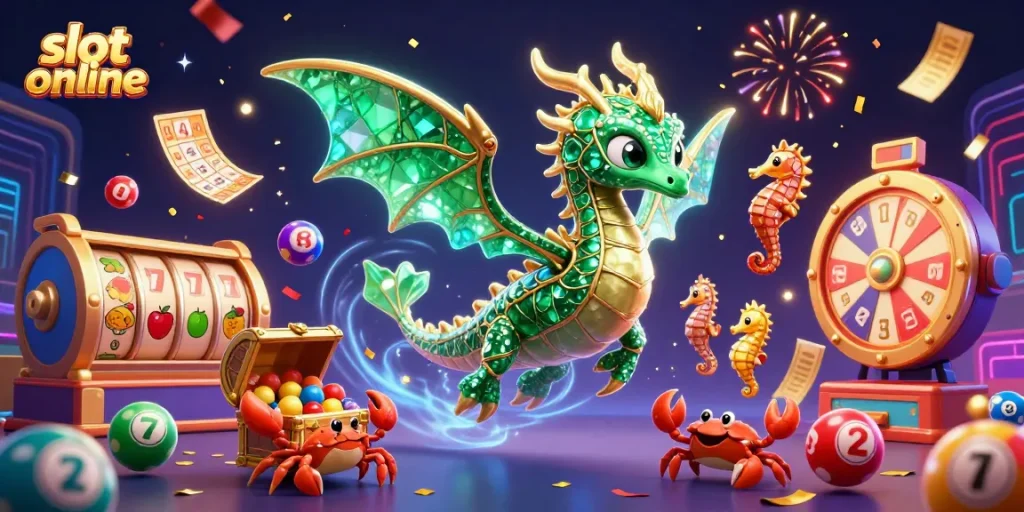 Putaran seru di slot online dengan karakter naga laut berkilau dan simbol keberuntungan lainnya.