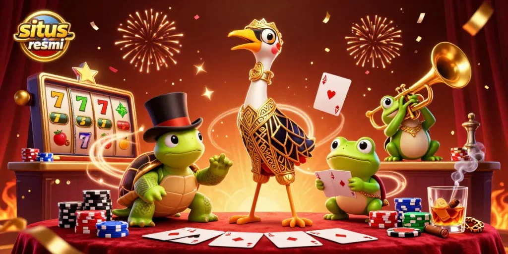Engage in winning strategies at situs slot resmi with an exciting circus-themed slot game atmosphere featuring dynamic characters.