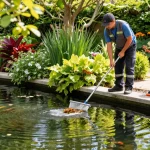 Professional Pond Cleaning London technician cleaning a beautiful garden pond in a serene environment.