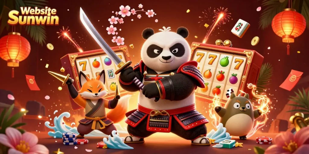 Engage in thrilling gameplay at Website Sunwin with a vibrant casino scene featuring samurai panda and ninja fox.