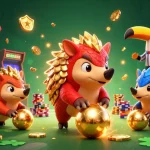 Experience thrills with judi bola parlay in a vibrant 3D cartoon scene of pangolins bowling through poker chips.