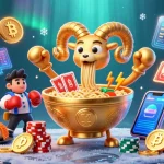Baccarat-themed 3D scene with dynamic characters and crypto elements, capturing exciting gameplay.