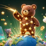 Engage with 실시간스포츠중계 through a vibrant scene featuring sports elements, golden coins, and a cosmic bear.