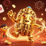 Spin the reels on BRO138 official with a lively scene featuring golden golem and festive elements.