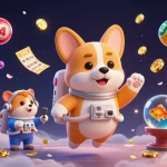 The 7M themed casino scene features a playful astronaut corgi, mission-control hamster, and goldfish amid vibrant lottery elements.