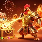 Jouer sur un casino en ligne sans wager avec un guerrier en armure dorée et un dragon en arrière-plan.