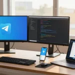 Developer engaging with 纸飞机中文版 on dual monitors in a modern workspace