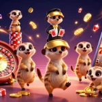 Pavilions showcase exciting meerkats in a lively casino scene with coins and slot reels.