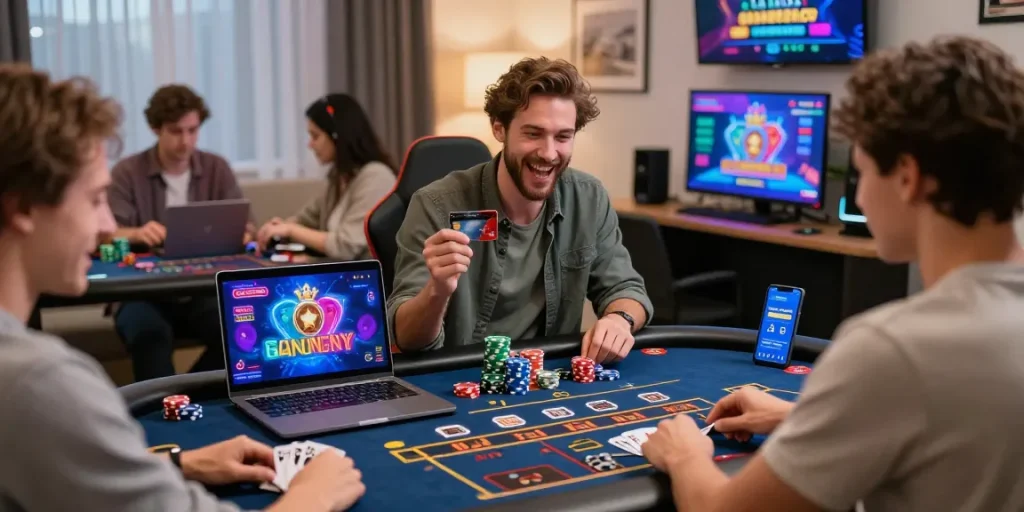 Exciting gaming moment at aisa.org.uk credit card casinos with players enjoying diverse games and celebrating wins.