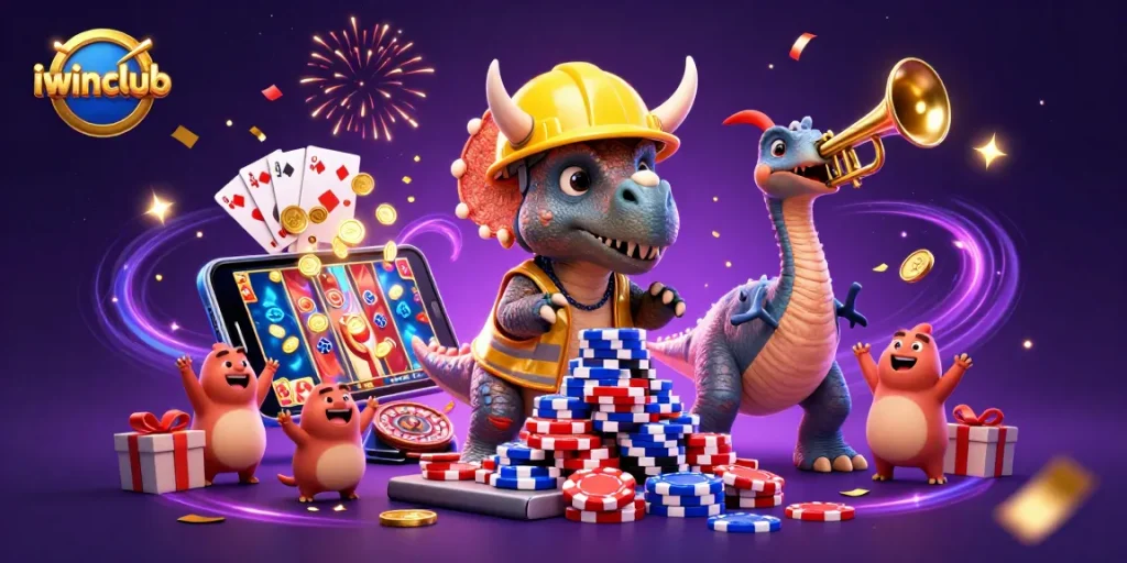Engage with the iwinclub experience as a triceratops builds a poker chip pyramid amidst a colorful gaming celebration.
