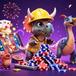 Engage with the iwinclub experience as a triceratops builds a poker chip pyramid amidst a colorful gaming celebration.
