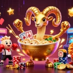 Jouer sur un casino en ligne avec un bol de ramen géant et des décorations colorées.