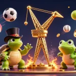 Engage with tylekeonhacai through dynamic sports betting excitement, featuring colorful sports balls and characters.