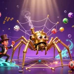Baccarat formula depicted in a rich, dynamic scene with a steampunk spider and an amused fly gentleman amidst colorful casino elements.