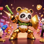 Experience luxury111 link alternatif in an energetic gaming arena with a golden panda mech-suit.