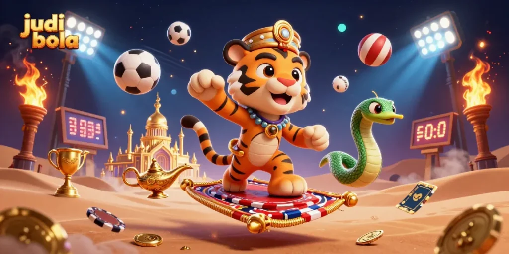 Experience judi bola excitement with a vibrant 3D illustration depicting a tiger sultan amidst flying sports elements.