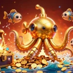 Visualisasi slot gacor gampang menang dengan kraken emas dan ikan mekanik di lautan koin emas.
