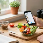Person using the best food tracker app while preparing a healthy salad in a bright kitchen.