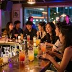 Vibrant nightlife at 상봉동 한국관나이트 with friends enjoying cocktails in a lively bar.