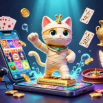 Spin the reels with mpo slot in this vivid casino scene featuring a mummy cat and glowing scarab.