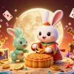 Des jetons de poker et des gâteaux de lune dorés remplissent cette scène excitante de casino en ligne mettant en avant des éléments de jeu vibrants.