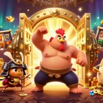 Toto 4D themed artwork showcasing a powerful sumo rooster, a fierce samurai cricket, and a tanuki announcer amidst vibrant casino elements.