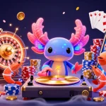 Experience the excitement of the best aussie online casinos with a vibrant 3D scene featuring an axolotl DJ and dynamic casino elements.