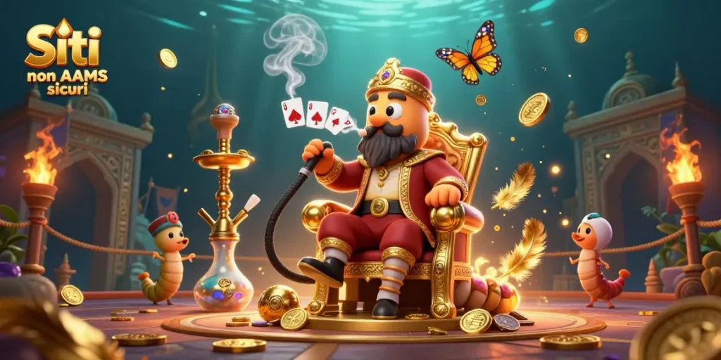 Scopri i Siti non AAMS sicuri mentre il brontoloso brucaliffo funge da maestro del narghilè in un mondo fantastico di divertimento ludico.