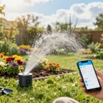 RainPoint smart sprinkler controller in vibrant garden scene, showcasing efficient watering solutions.