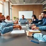 Employees engaged in proposal writing and management collaboration in a bright office environment.