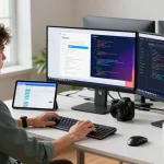 Developer working with 纸飞机中文版 on multiple screens in a modern tech workspace.