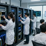 Inside a server room with C19/C20 connectors being inspected by technicians while monitoring performance data.