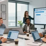 Team collaborating on cyber essentials renewal strategies in a modern office