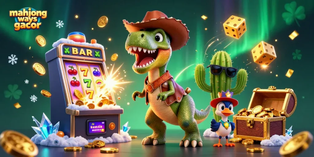 Experience mahjong ways gacor with a thrilling slot scene featuring a cowboy T-Rex and vibrant casino elements.