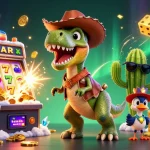 Experience mahjong ways gacor with a thrilling slot scene featuring a cowboy T-Rex and vibrant casino elements.