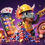 Shbet offers an exciting view of a vibrant casino scene with a triumphant triceratops celebrating winnings.